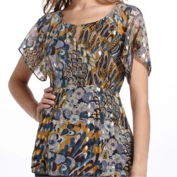 HD in Paris Anthropologie Silk Blend Gold Metallic Blouse Size 2 - Picture 1 of 10